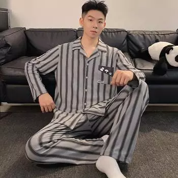 Мужские пижамные комплекты с полосатым принтом, пижамный комплект с отложным воротником, пижамный костюм с длинным рукавом, ночная рубашка на весну и осень, мужской комплект из 2 предметов, пижама, домашняя одежда L