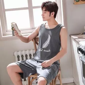 Мужские пижамы без рукавов, летние корейские тонкие повседневные свободные жилет больших размеров, шорты, мужской комплект домашней одежды L