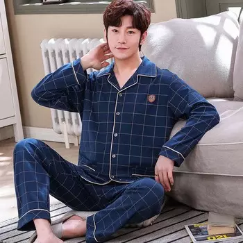 Мужские пижамы, обычный летний и осенний хлопковый зимний молодежный домашний костюм с длинными рукавами XL