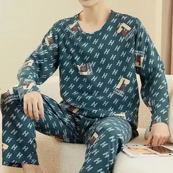 Мужские пижамы с длинными рукавами, длинные брюки, осенне-зимняя домашняя одежда больших размеров, комплект из двух предметов, одежда для сна, домашняя одежда, молодежная ночная одежда M темно-синий