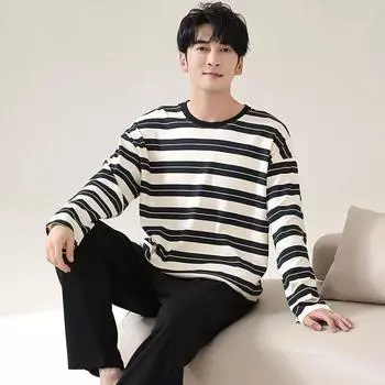 Мужские пижамы Весенние и осенние модели Домашний костюм с длинными рукавами для подростков и студентов, для мальчиков и взрослых, повседневные пижамы Домашний костюм M