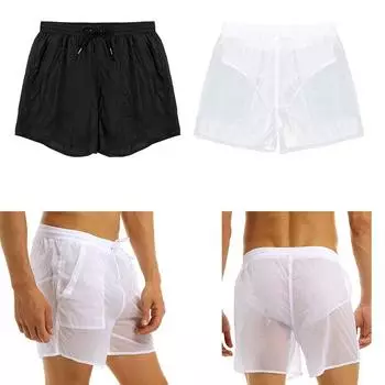 Мужские плавки, прозрачные шорты для плавания на шнурке, пляжные шорты, купальники с карманом L чёрный