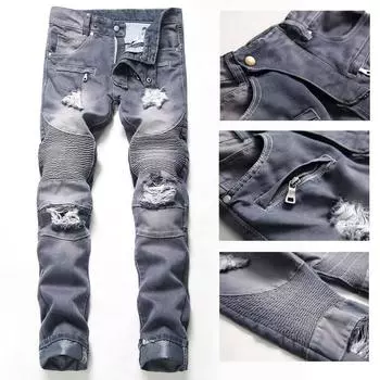 Мужские плиссированные байкерские джинсы, облегающие брюки в стиле ретро, мотоциклетные джинсовые брюки с отверстиями, Homme Pantalon 29 серый
