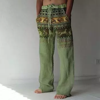Мужские пляжные брюки с 3D цифровой печатью, удобные льняные брюки широкого кроя, модные универсальные повседневные брюки S