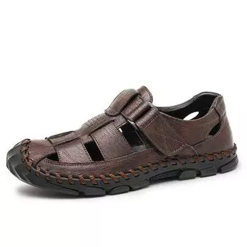 Мужские пляжные сандалии больших размеров из натуральной кожи с вышивкой вручную 38 коричневый