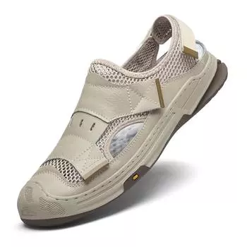 Мужские пляжные сандалии из натуральной кожи с ручной вышивкой 38 бежевый