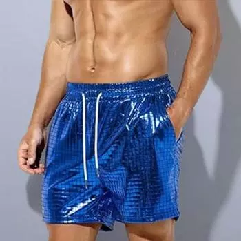 Мужские пляжные шорты с регулируемой талией на шнурке, повседневные цветные шорты, однотонные эластичные шорты с глянцевой поверхностью, дизайн с широкими штанинами и карманами