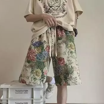 Мужские пляжные шорты в американском ретро-стиле с цветочным принтом — модные, повседневные, свободного кроя, большие размеры. 2XL