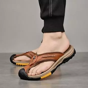 Мужские пляжные тапочки из натуральной кожи, домашние сандалии больших размеров, летние пляжные сандалии 46 чёрный