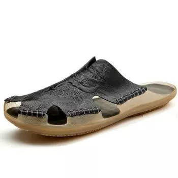 Мужские пляжные тапочки из натуральной кожи, домашние сандалии больших размеров, летние пляжные сандалии, уличные повседневные прогулочные пляжные шлепанцы, мужская обувь 38 чёрный