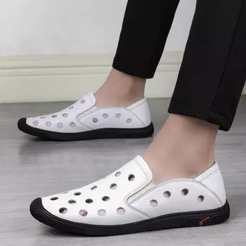 Мужские пляжные туфли из воловьей кожи с мягкой подошвой и мягкой поверхностью, большой размер 45, повседневные туфли с отверстием для головы 46, черные сандалии 38 белый