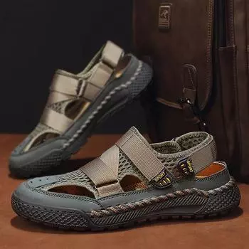 Мужские пляжные туфли на плоской подошве с ручной вышивкой, новые модные мужские сандалии, летняя уличная обувь для отдыха, дышащая обувь из мягкой сетки 38