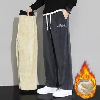 Мужские плюс флисовые толстые осенние и зимние новые американские модные брендовые брюки, свободные повседневные спортивные спортивные штаны из овечьего флиса с вышивкой M чёрный