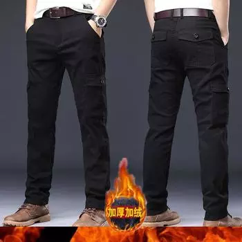 Мужские плюшевые толстые эластичные рабочие брюки из чистого хлопка, прямые, с несколькими карманами, повседневные, для спорта на открытом воздухе, прочные, для походов 28 чёрный