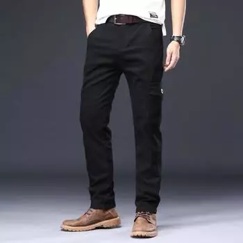 Мужские плюшевые толстые эластичные рабочие брюки из чистого хлопка, прямые, с несколькими карманами, повседневные, для спорта на открытом воздухе, прочные, для походов 28 чёрный