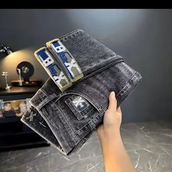 Мужские плюшевые толстые/обычные модные брендовые эластичные джинсы с вышивкой и принтом Four Seasons, модные многоцелевые брюки с принтом серого цвета Nine Cent 28