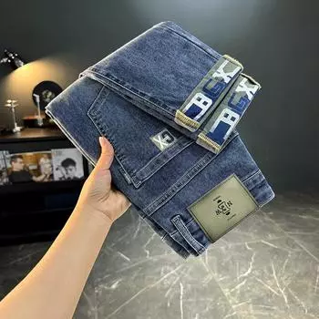 Мужские плюшевые толстые/обычные модные брендовые эластичные джинсы с вышивкой и принтом Four Seasons, модные многоцелевые брюки с принтом серого цвета Nine Cent 28