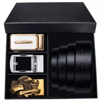 Мужские подарочные ремни для черных ремней из натуральной кожи с 3 металлическими автоматическими пряжками в коробочной упаковке 110cm/43in чёрный