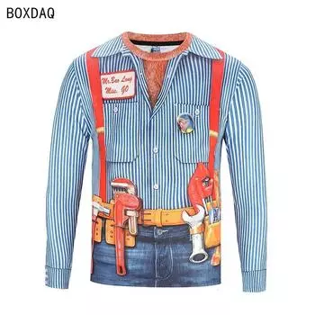 Мужские поддельные футболки из двух частей с принтом 3D-бабочки, повседневные футболки, осенние свободные хлопковые топы с длинным рукавом и круглым вырезом, мужская поддельная футболка-костюм S