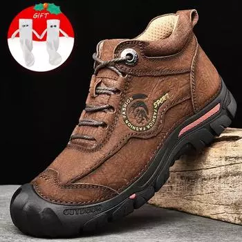 Мужские походные ботинки, высокие кожаные плюшевые уличные хлопковые ботинки, большие размеры 39-46 39 чёрный