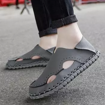 Мужские походные сандалии бежевые кожаные закрытые серые пляжные туфли широкие сандалии ручной работы большого размера для отца EU:46 чёрный