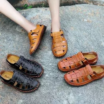 Мужские походные сандалии черного цвета из кожи с закрытым носком, желтые пляжные туфли, широкие сандалии ручной работы, большой размер для отца EU:46 чёрный