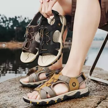 Мужские походные сандалии черные кожаные уличные летние коричневые широкие ладонные туфли цвета хаки пляжная обувь больших размеров с открытым носком больших размеров EU:39 чёрный