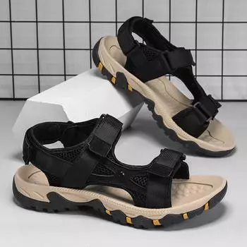 Мужские походные сандалии черные кожаные уличные летние коричневые широкие ладонные туфли цвета хаки пляжная обувь больших размеров с открытым носком больших размеров EU:39 чёрный