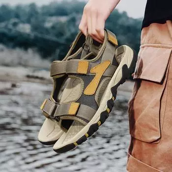 Мужские походные сандалии черные кожаные уличные летние коричневые широкие ладонные туфли цвета хаки пляжная обувь больших размеров с открытым носком больших размеров EU:39 чёрный