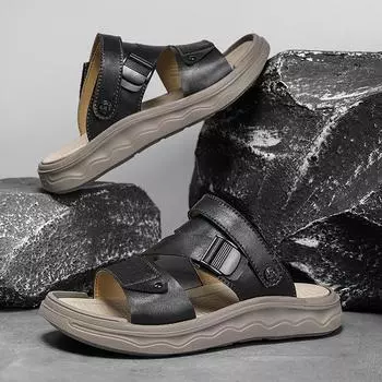 Мужские походные сандалии черные кожаные уличные летние коричневые широкие ладонные туфли цвета хаки пляжная обувь больших размеров с открытым носком больших размеров EU:39 чёрный