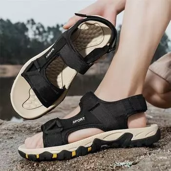 Мужские походные сандалии черные кожаные уличные летние коричневые широкие ладонные туфли цвета хаки пляжная обувь больших размеров с открытым носком больших размеров EU:39 чёрный