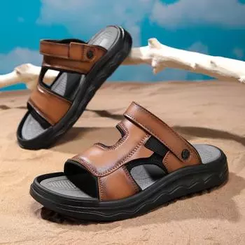 Мужские походные сандалии черные кожаные уличные летние коричневые широкие ладонные туфли цвета хаки пляжная обувь больших размеров с открытым носком больших размеров EU:39 чёрный