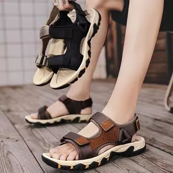 Мужские походные сандалии черные кожаные уличные летние коричневые широкие ладонные туфли цвета хаки пляжная обувь больших размеров с открытым носком больших размеров EU:39 чёрный