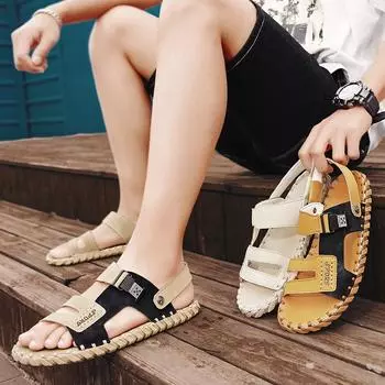 Мужские походные сандалии черные кожаные уличные летние коричневые широкие ладонные туфли цвета хаки пляжная обувь больших размеров с открытым носком больших размеров EU:39 хаки