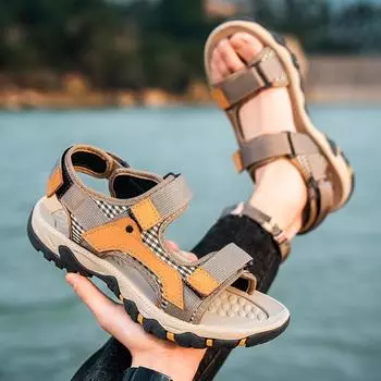 Мужские походные сандалии черные кожаные уличные летние коричневые широкие ладонные туфли цвета хаки пляжная обувь больших размеров с открытым носком больших размеров EU:39 чёрный