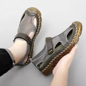 Мужские походные сандалии из черной кожи с закрытым носком, серые пляжные туфли, широкие сандалии ручной работы, большой размер для отца EU:46 чёрный