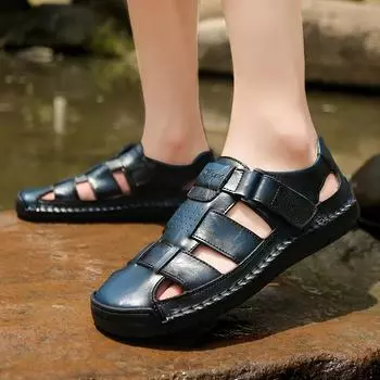 Мужские походные сандалии коричневого цвета из кожи с закрытым носком, синие пляжные туфли, широкие сандалии ручной работы, большой размер для отца EU:46 чёрный