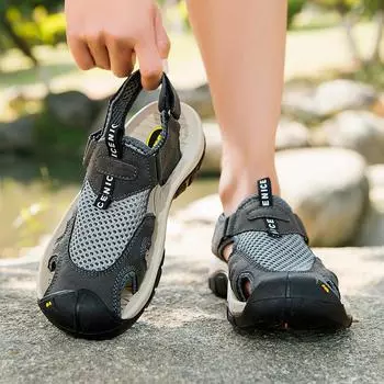 Мужские походные сандалии ручной работы, летние черные римские сандалии, ретро, широкий закрытый носок, серые пляжные туфли для воды, большие размеры EU:45 чёрный