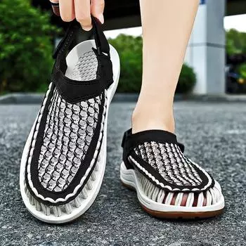 Мужские походные сандалии ручной работы, летние черные римские сандалии, широкие пляжные туфли для воды, большие размеры EU:45 чёрный