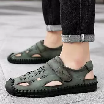 Мужские походные сандалии ручной работы, летние римские кожаные сандалии, зеленые закрытые пляжные туфли для папы, большие размеры EU:45 чёрный