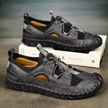 Мужские походные сандалии ручной работы на плоской подошве, черные летние римские сандалии, ретро-кожаная пляжная обувь, большие размеры EU:45 чёрный