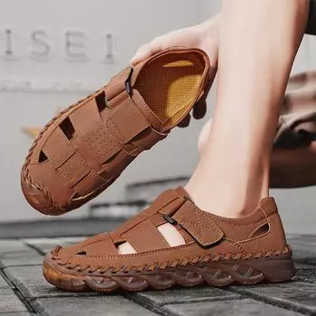 Мужские походные сандалии ручной работы на плоской подошве, коричневые летние римские сандалии, ретро, широкие кожаные пляжные туфли, большие размеры EU:45 чёрный