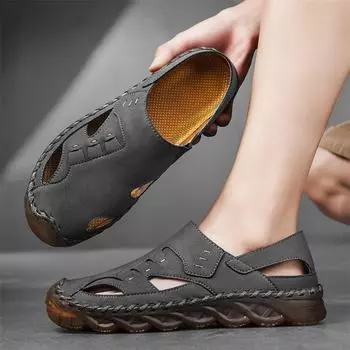 Мужские походные сандалии ручной работы на плоской подошве, черные летние римские сандалии, ретро, широкие кожаные пляжные туфли, большие размеры EU:45 чёрный