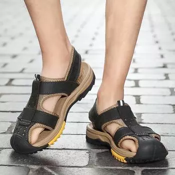 Мужские походные сандалии серые кожаные уличные летние коричневые широкие туфли Palm Beach Plus Size Plus Size EU:45 чёрный