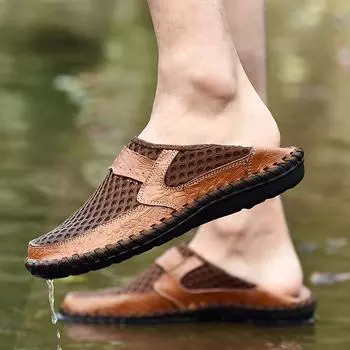 Мужские походные туфли на открытом воздухе без застежек, повседневные широкие туфли на плоской подошве, мокасины большого размера с сеткой, пляжная обувь, широкие туфли для вождения для отца 38 коричневый
