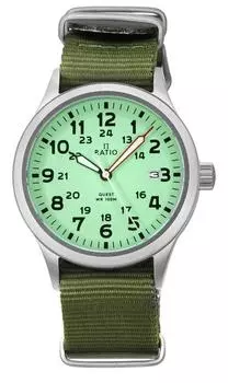 Мужские полевые часы Ratio Quest с сапфировым стеклом и нейлоновым ремешком, кварцевые RTQ015, 100 м, издание Lewis And Clark зелёный