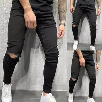 Мужские полосатые джинсовые брюки с дырками на молнии, винтажные рабочие брюки в стиле хип-хоп, джинсы, брюки L чёрный