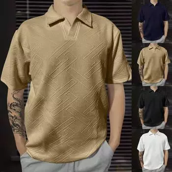 Мужские полосатые однотонные топы с V-образным вырезом, мужская спортивная рубашка с коротким рукавом L чёрный