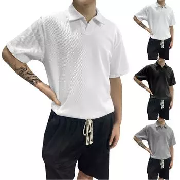 Мужские полосатые однотонные топы с V-образным вырезом, мужская спортивная рубашка с коротким рукавом L чёрный