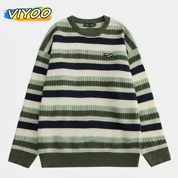 Мужские полосатые вязаные свитера, женские зимние свободные пуловеры больших размеров, женский толстый джемпер, теплый ленивый трикотаж, женский корейский